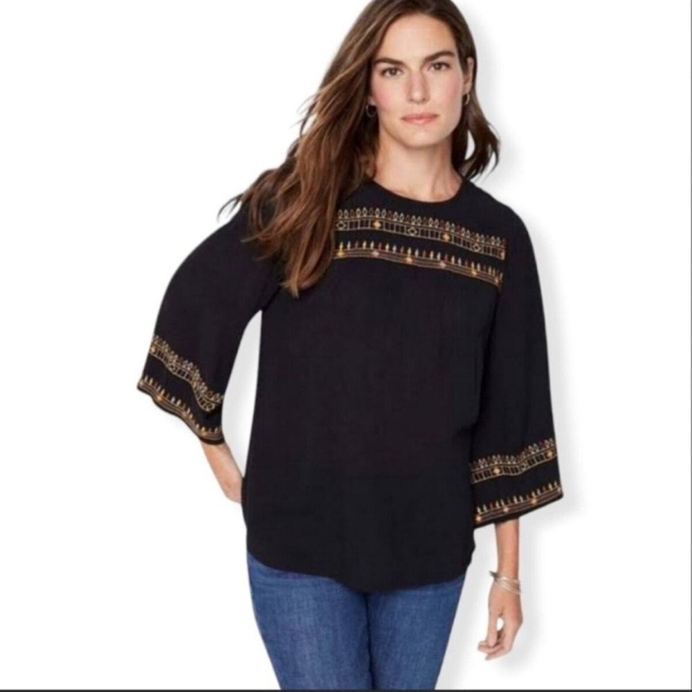 J. JILL Boho Blouse w Embroidery & Flare 3/4 Sleeves Size M